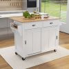 Kitchen Cart with Rubber wood Drop-Leaf Countertop, Concealed sliding barn door adjustable height,Kitchen Island on 4 Wheels with Storage Cabinet and