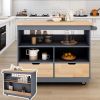 Rolling Kitchen Island with Storage, Two-sided Kitchen island Cart on Wheels with Wood Top, Wine and Spice Rack, Large Kitchen Cart with 2 Drawers, 3