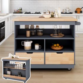 Rolling Kitchen Island with Storage, Two-sided Kitchen island Cart on Wheels with Wood Top, Wine and Spice Rack, Large Kitchen Cart with 2 Drawers, 3