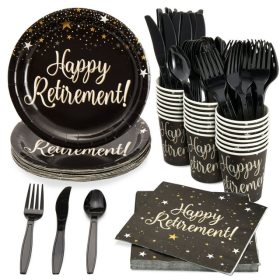 144-Piece Happy Retirement Decorations and Party Supplies with Paper Plates, Napkins, Cups, and Cutlery, Disposable Dinnerware Set for Farewell Celebr