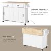 Kitchen Cart with Rubber wood Drop-Leaf Countertop, Concealed sliding barn door adjustable height,Kitchen Island on 4 Wheels with Storage Cabinet and