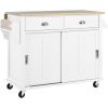 Kitchen Cart with Rubber wood Drop-Leaf Countertop, Concealed sliding barn door adjustable height,Kitchen Island on 4 Wheels with Storage Cabinet and