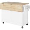 Kitchen Cart with Rubber wood Drop-Leaf Countertop, Concealed sliding barn door adjustable height,Kitchen Island on 4 Wheels with Storage Cabinet and