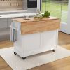 Kitchen Cart with Rubber wood Drop-Leaf Countertop, Concealed sliding barn door adjustable height,Kitchen Island on 4 Wheels with Storage Cabinet and