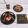 201PCS Black Gold Birthday Party Supplies For 25 Guests Happy Birthday Disposable Dinnerware Set Paper Plates 9OZ Cups Straws Napkins Forks Knives Spo