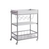 Rolling Kitchen Cart with Three Tier Storage and Four Wine Bottle Rack - White and Silver Metal