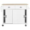 Kitchen Cart with Rubber wood Drop-Leaf Countertop, Concealed sliding barn door adjustable height,Kitchen Island on 4 Wheels with Storage Cabinet and