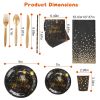 201PCS Black Gold Birthday Party Supplies For 25 Guests Happy Birthday Disposable Dinnerware Set Paper Plates 9OZ Cups Straws Napkins Forks Knives Spo