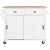 Kitchen Cart with Rubber wood Drop-Leaf Countertop, Concealed sliding barn door adjustable height,Kitchen Island on 4 Wheels with Storage Cabinet and