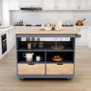 Rolling Kitchen Island with Storage, Two-sided Kitchen island Cart on Wheels with Wood Top, Wine and Spice Rack, Large Kitchen Cart with 2 Drawers, 3