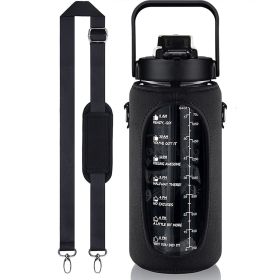 Half-Gallon Water Bottle With Sleeve 2L Leak-Proof, BPA-Free Sports Drinking Bottle With Straw And Custom Time Marker (Colour: Black)